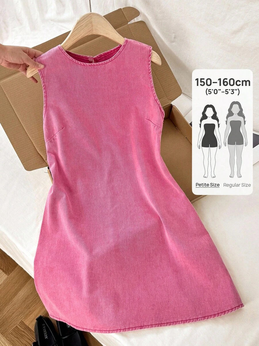 SHEIN PETITE Đầm denim không tay màu hồng nhạt dành cho nữ, kiểu dáng PETITE, trang phục thường ngày mùa hè đi biển và dạo phố cho phụ nữ. - Hồng - Xem 1