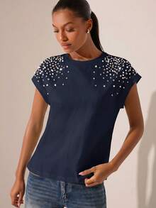 Lilora Camiseta elegante de mujer con adornos de strass, azul marino - Azul Marino - Ver 3
