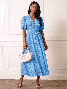 Lilora Women's Elegant Blue Floral V Neck Eyelet Broderie Anglaise Maxi Dress With Puff Sleeves Perfect For Summer Holiday Tea Party Vacation Brunch - Blue - View 6