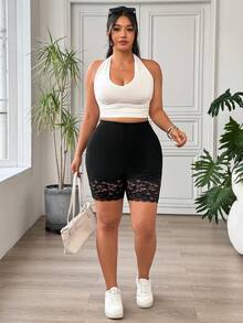 SHEIN EZwear Quần short skinny dáng rộng, phối ren đen, cỡ lớn. - Đen và trắng - Xem 6
