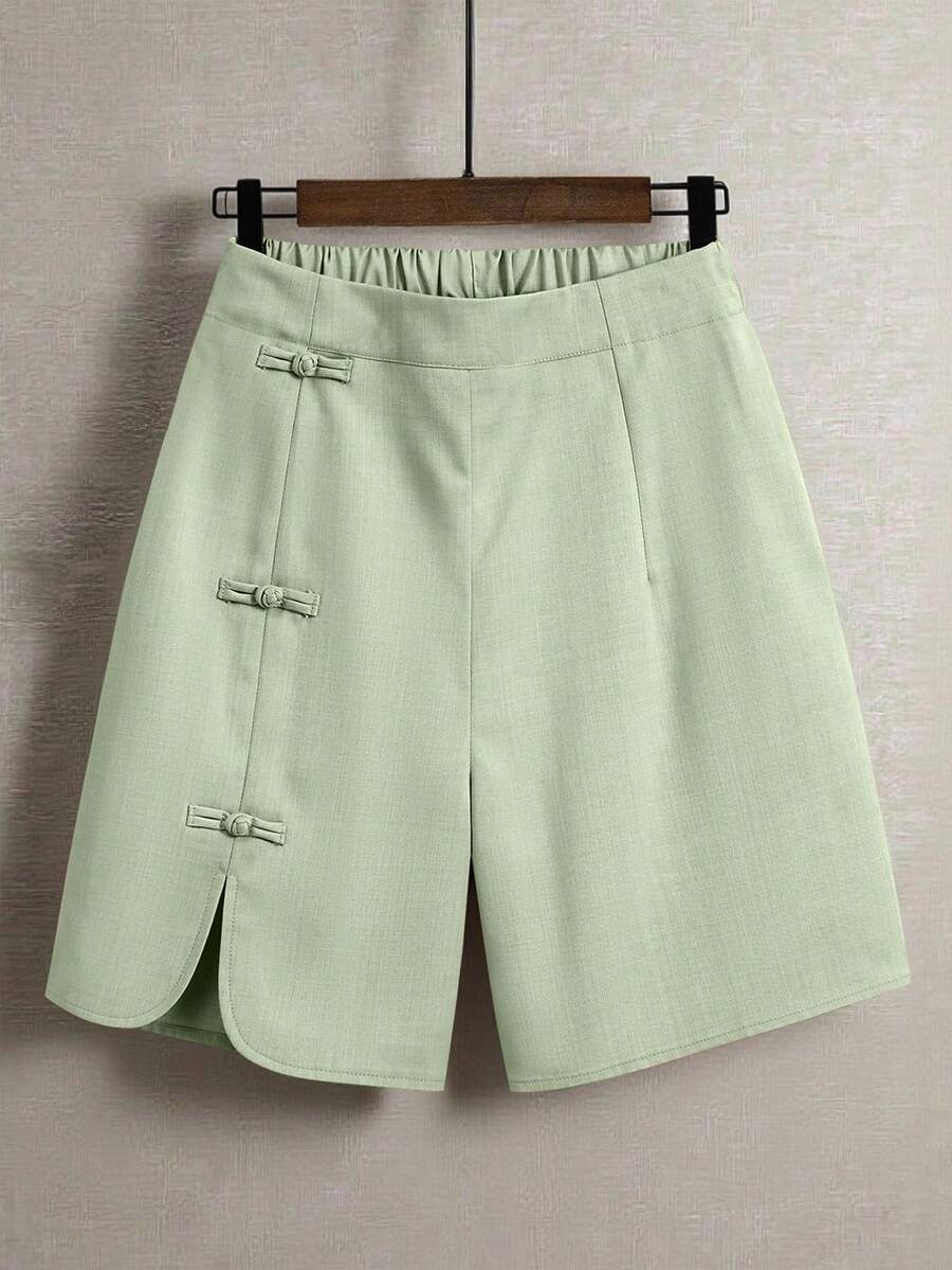 EMERY ROSE Women's Casual Commute Daily Outing Elastic Waist Round Slit Design Chinese Knot Button Decor Shorts - Mint Green - View 1