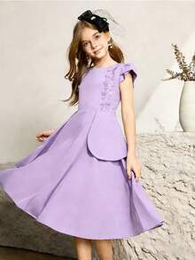 Robe courte évasée pour filles, couleur unie avec décoration papillon, convient pour mariage, fête, anniversaire, banquet - Parme - Voir 5
