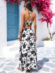 asdVivid Eden Vestido largo con estampado floral, sin mangas y con diseño calado en la cintura, para vacacionesasd E0AO - Blanco y Negro - Ver 2