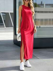 INAWLY Gaun Camisole Kasual Wanita Warna Polos dengan Leher Bulat dan Belahan Samping di Bagian Bawah - Merah - View 5