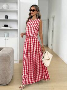 Easowa Bộ đồ nữ gồm áo sơ mi và chân váy kẻ caro, kiểu dáng thường ngày, gồm 2 món. - Đỏ - Xem 4