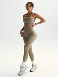 BamGleam Women's Solid Color Minimalist Halter Top And Pants Sports Suit Workout Sets - Khaki - View 9