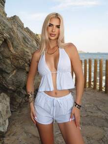 Luzma Cabello Luzma Cabello Blue & White Striped Linen Deep V Halter Backless Camisole And Low Waist Drawstring Loose Casual Short Beach Sexy Cute Elegant Romantic Summer Top For Women - Blue - View 1