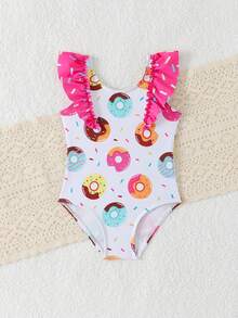 SHEIN Baby Girls' Swimsuit, Donut Print One-Piece Swimwear, Cute Ruffle Design, Suitable For Vacation - Multicolor - View 3