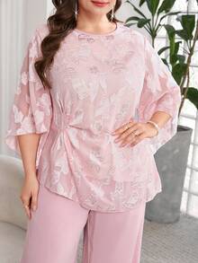 SHEIN Clasi Bộ đồ nữ cỡ lớn gồm áo cổ tròn xếp ly và quần ống rộng, kiểu dáng thường ngày. - Màu Hồng baby - Xem 2
