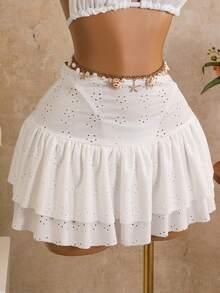 Swim Mod Plus Size Women White Summer Beach Holiday Party Hollow Floral Top,Bikini Triangle Bottoms & Ruffle Skirt Set,Minimalist Fashion Holiday Swimsuit - White - View 6