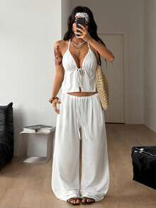 Coolane Women's Solid Color Halter Tie Ruched Top And Wide Leg Pants Casual 2-Piece Set - White - View 5