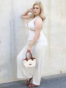 CHERRY TINTT SELECTION Plus Size Women's Summer Solid Color Knot Front Backless Halter Top And Wide Leg Pants Set, Beach/Holiday Suit,Valentine Outfits For Women Elegant - Beige - View 5