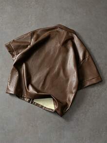 PAVTROS Men's Loose Fit Short Sleeve Zip-Up Shirt - Coffee Brown - View 6