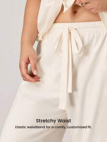 LUVLETTE Damen Große Größen atmungsaktive Baumwolle weiße Braut-Unterwäsche Kurzarm Knopfleiste Top & Hose luftige Loungewear süßes Pyjama Set Hose mit Taschen - Beige - Übersicht 12