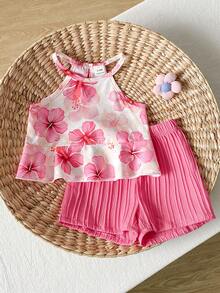 SHEIN Playful Pals 2件套女婴幼儿/新生儿0-3岁春夏多巴胺活力色彩度假无袖上衣+短裤套装，婴儿春夏服装 - 淺粉色 - 查看 8