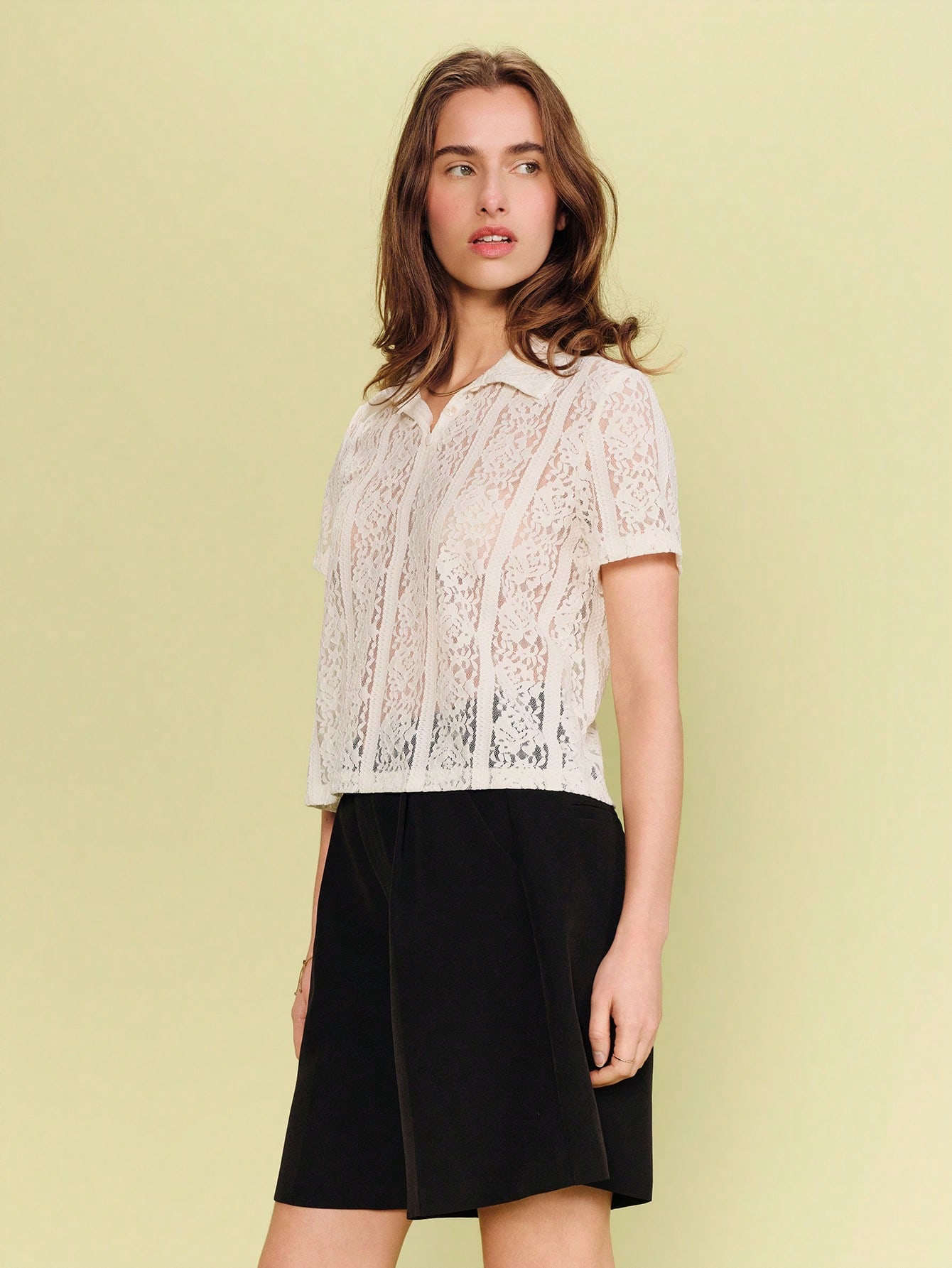White Floral Lace Polo Shirt With Crochet Collar Spring Summer See Throught Lace Top White Lace Top French Style Top Holiday Top Going Out Top