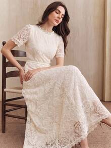 Anewsta Neu Ankunft Damen modisches figurbetontes Kleid mit Spitze, Blumenmuster, Spitzenbesatz, Perlendekor, Rundhalsausschnitt, Kurzarm, Fischschwanz-Silhouette mit Gürtel, elegant für Party, Hochzeit, Sommerurlaub - Aprikosenfarben - Übersicht 3