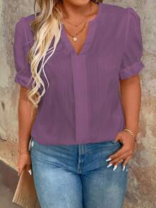 SHEIN Clasi Plus Size Summer Casual Solid Color Notched Neck Shirt - Purple - View 4