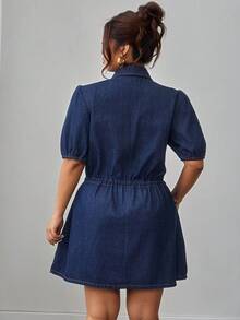 Elenzga Plus Size Women Elegant Comfortable Loose Navy Blue Non-Stretch Denim Dress - Dark Wash - View 2