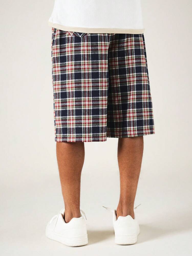 Pull-On Plaid Check Jorts With Drawstring Waist, Relaxed Fit Summer Shorts With Back Pockets