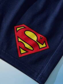 Maija Kids SUPERMAN X SHEIN Maija Kids 4pcs/Set Young Boy Superhero Pattern Knit Soft Round Neck Short Sleeve Top And Elastic Waist Shorts Set - Blue - View 7