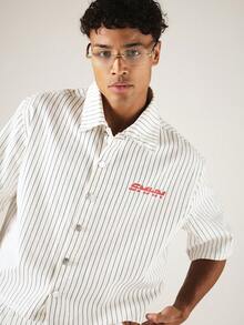 SUMWON Boxy Fit Pinstripe Short Sleeve Button-Up Shirt With Bold Back Graphic Logo Print - Black and White - View 4