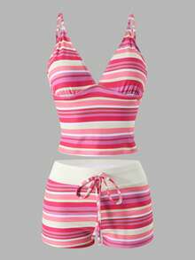 Swim Vcay Bộ bikini hai dây dáng lửng, họa tiết sọc nhiều màu sắc, kiểu dáng mới năm 2026 dành cho nữ, thích hợp cho kỳ nghỉ hè ở bãi biển, kèm nơ thắt eo, và cạp thấp. - Nhiều màu - Xem 5