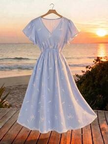 SHEIN PariChic Đầm chữ A kẻ sọc cổ chữ V tay bồng eo thắt, thích hợp cho kỳ nghỉ hè ở bãi biển, tiệc dã ngoại ngày Quốc khánh, trang phục thường ngày dự lễ hội âm nhạc. - Xanh và trắng - Xem 3