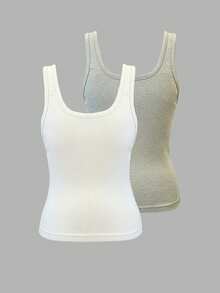 Resyla Women's Summer Casual Knight Embroidered Elastic Fitted Tank Top 2 Pieces Set Gym White Grey - Light Grey - View 2