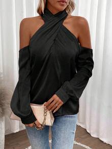 SHEIN Blusa elegante de hombros descubiertos y cuello halter de color liso para uso diario - Negro - Ver 3