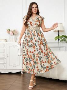 SHEIN Clasi Plus Size Elegant Floral Print Lace Patchwork Dress, Summer - Multicolor - View 6