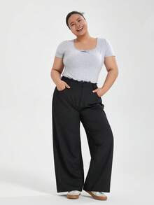 Dazy Plus Plus Size Lace-Up Patchwork Solid Color Loose Casual Pants, All-Season Delicate Lace Fall - Black - View 5