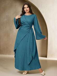 Veilorie Plus Size Elegant Solid Color Flare Sleeve Tie-Waist Wrap Dress - Teal Blue - View 6