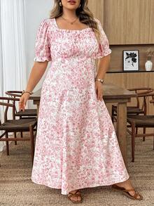 SHEIN CURVE+ Đầm ngắn tay mùa xuân/hè cổ bèo nhún, tay phồng, tay đèn lồng, lưng xếp ly, eo chữ A, chất liệu vải hoa nhí lãng mạn cổ điển, kiểu dáng thanh lịch thường ngày cho kỳ nghỉ của nữ. - Nhiều màu - Xem 4