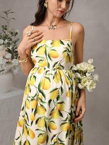 SHEIN Đầm maxi bầu không tay in họa tiết chanh, tươi mát và ngọt ngào, thiết kế xếp ly eo và xòe rộng, thoải mái, mang đến cảm giác nghỉ dưỡng, phù hợp cho bà bầu. - Nhiều màu - Xem 4