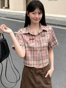 INAWLY 女款復古 Y2K 校園風格紋刺繡字母鏈條短袖短版上衣 開學季 粉色格紋 夏季 - 粉色 - 查看 8