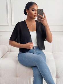 SHEIN Lady CURVE Chaqueta de gasa negra de manga corta, informal, holgada y transpirable para uso diario, con protección solar, para mujeres de talla grande, para primavera y verano - Negro - Ver 6