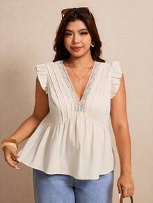 Elaquor Plus Size Women Summer Casual Vacation Solid Color V-Neck Contrast Lace Ruffle Armhole Fold Pleated Babydoll Top - White - View 7