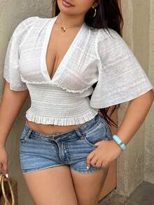 Dazy Plus Plus Size Women Brown Textured Fitted Flare Sleeve Deep V Neck Elegant Summer Blouse Going Out Gym Tops - White - View 2