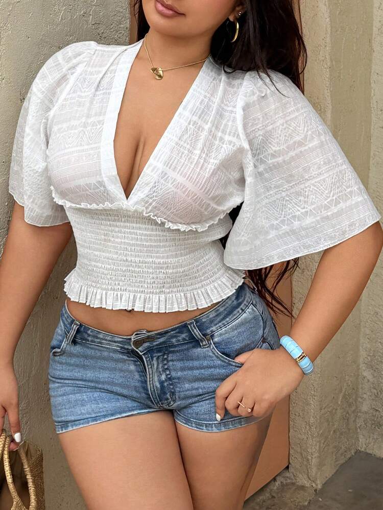 Dazy Plus Plus Size Women White Textured Fitted Flare Sleeve Deep V Neck Elegant Summer Blouse Going Out Tops