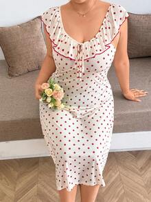 Napfluff CURVE Napfluff CURVE Plus Size Women's Red Polka Dot Print Ruffle Trim Soft Comfortable Icy Silk Knit Midi Dress, Sweet Romantic Style For Sleepwear Or Outerwear - Red - View 3