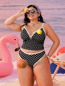Swim Mod 2026新款加大码女式两件套几何印花时尚休闲端庄可调节肩带高腰高衩三角比基尼泳衣 - 黑與白 - 查看 6