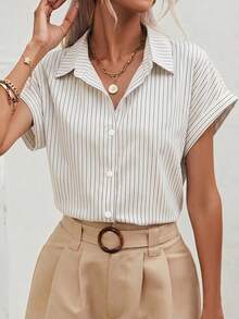 SHEIN Frenchy 休闲简约复古优雅通勤百搭保暖黑白条纹衬衫，适合海滩、度假、夏季穿着，女士必备 - 彩色 - 查看 4