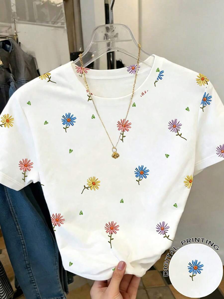 少女休闲清新雏菊碎花短袖圆领T恤白色上衣,适合夏季日常穿着和外出活动 - 彩色 - 查看 1