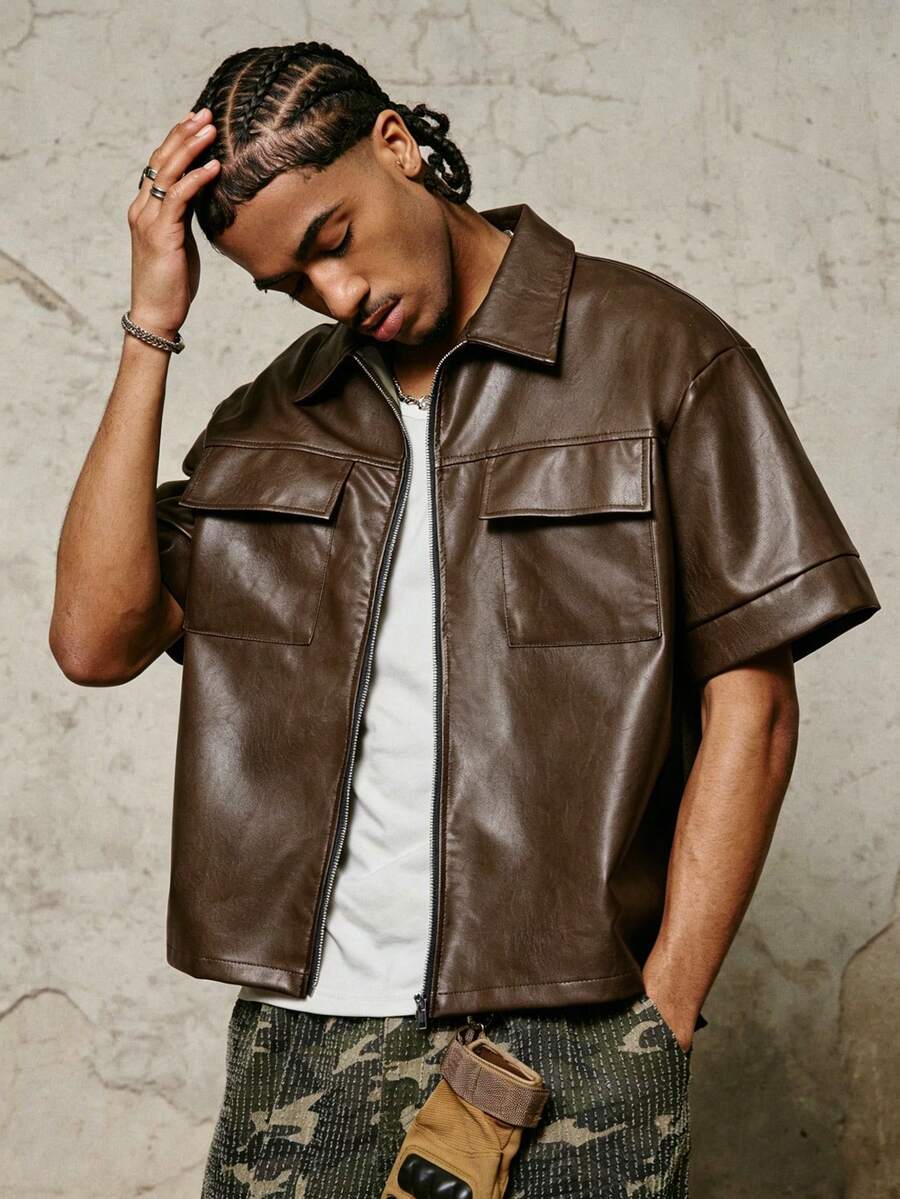 PAVTROS Men's Loose Fit Short Sleeve Zip-Up Shirt - Coffee Brown - View 1