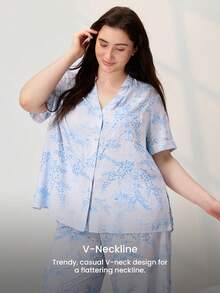 LUVLETTE 大码柔软人造丝度假风印花短袖基础款纽扣上衣和裤子家居服透气睡衣套装裤子带口袋新娘内衣 - 藍色 - 查看 6