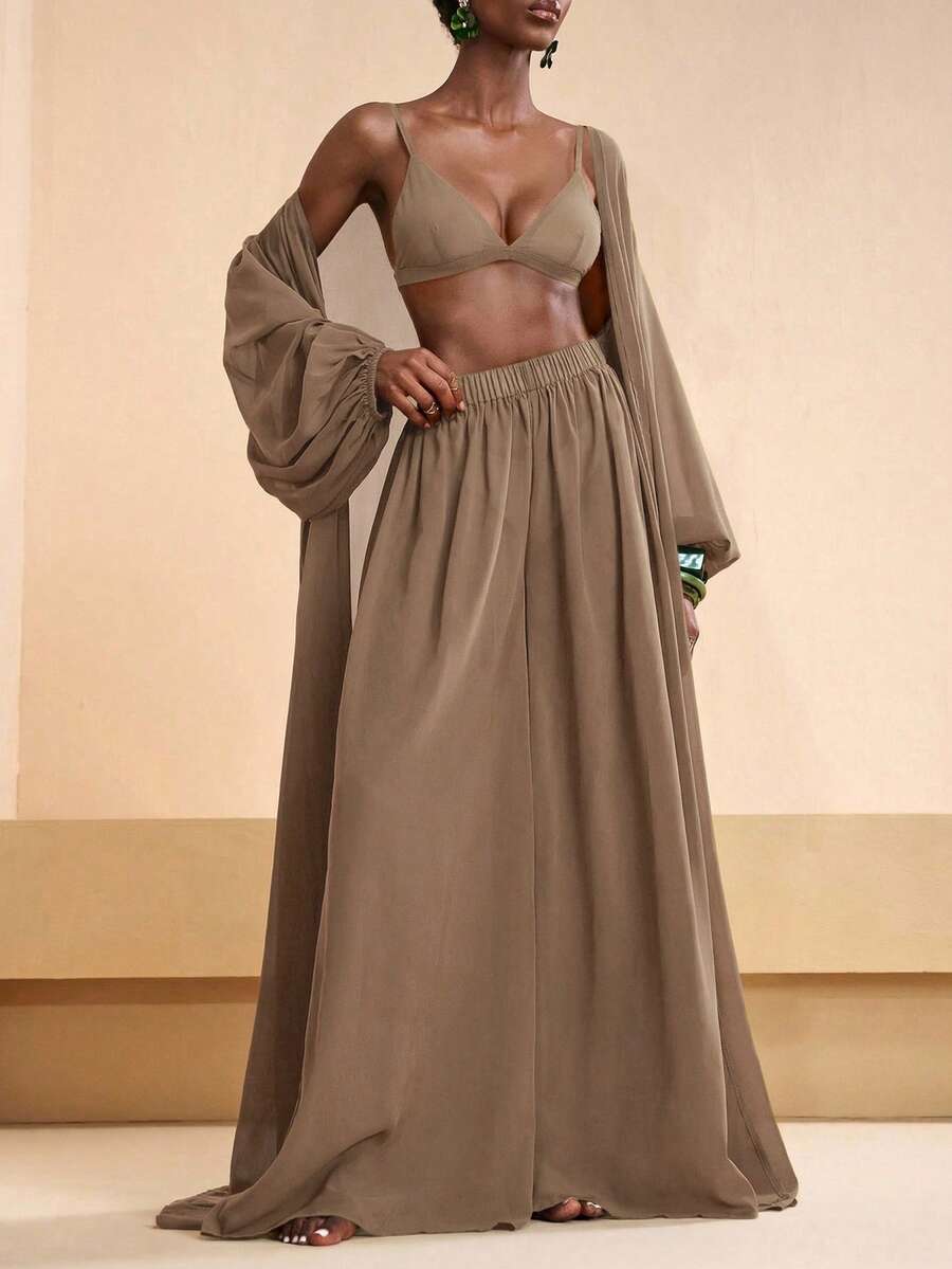 Zivah 女士纯色睡袍搭配松紧腰阔腿裤休闲日常穿搭套装