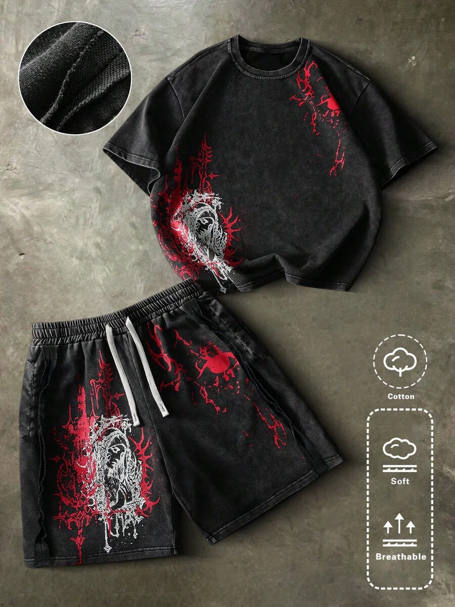 Manfinity Roghcode 男士青年街头风两件套，包括一件纯棉短袖T恤和一条宽松短裤，弹力腰带针织运动裤，做旧棉质面料，街头、哥特、嘻哈风格，适合主题派对、说唱歌手装扮、时尚街头服饰、节日礼物、男友礼物。 - 黑色 - 查看 1