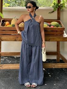 Dazy Plus Fashionable Striped Halter Metal Buckle Decor Sleeveless Top And Loose Wide Leg Pants Two Pieces Set, Plus Size, Blue, Spring/Summer Resort Style - Navy Blue - View 9