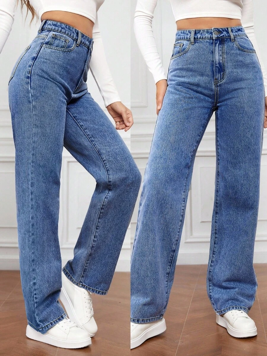 SHEIN Tall 高腰直筒牛仔褲 - 中等水洗藍 - 查看 1